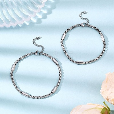 2Pcs 2 Styles Tarnish Resistant 304 Stainless Steel Box Chains Bracelets for Couples BJEW-JB12634-1