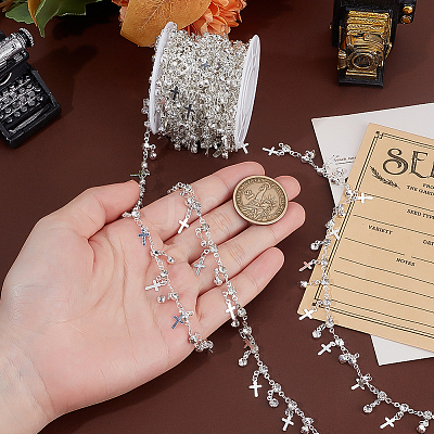 4M Flat Round with Cross Charm Brass Rhinestone Chains DIY-PH0030-93S-1