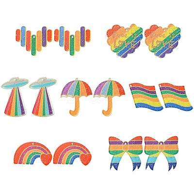 14Pcs 7 Shapes Rainbow Style Printed Acrylic Glitter Powder Pendants OACR-CJ0001-93-1