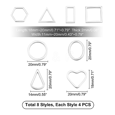 32Pcs 8 Style 304 Stainless Steel Linking Rings STAS-UN0020-52P-1