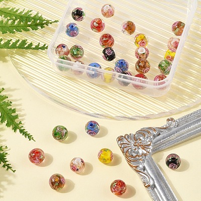 32Pcs 7 Colors Handmade Gold Sand Lampwork Beads LAMP-FS0001-30-1