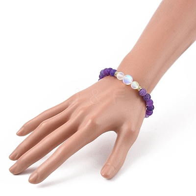 7Pcs 7 Color Natural Weathered Agate(Dyed) & Synthetic Moonstone Round Beaded Stretch Bracelets Set BJEW-JB09124-1