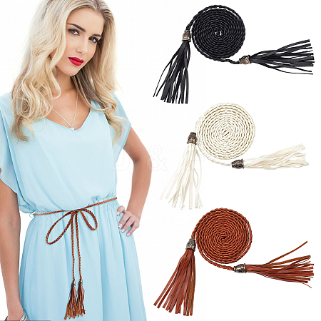 Fingerinspire 3Pcs 3 Colors PU Leather Tassel Chain Belts Set AJEW-FG0003-50-1