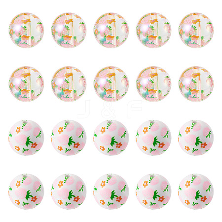 28Pcs 2 Styles Printed Opaque & Transparent Acrylic Beads OACR-TA0005-10-1