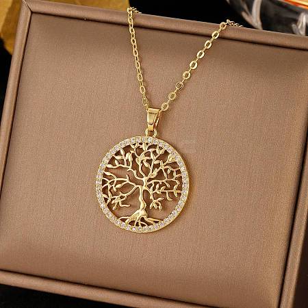 Brass Micro Pave Clear Cubic Zirconia Tree of Life Pendants LS-NJEW-H066-01D-G-1