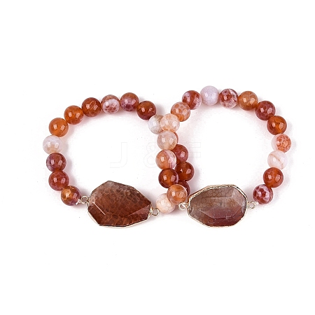 Brass Natural Agate(Dyed & Heated) Faceted Teardrop and Round Beaded Stretch Bracelets for Women BJEW-Q101-01A-1