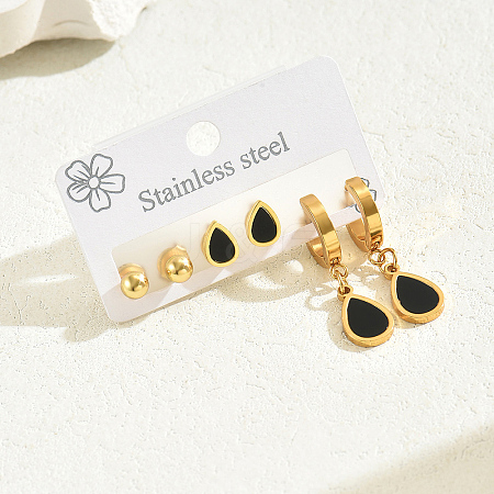 3Pairs 201 Stainless Steel Teardrop & Round Earring Sets NV3821-1
