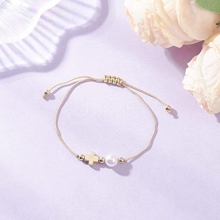 ABS Plastic Imitation Pearl & Alloy Bead Braided Bracelets for Women BJEW-JB12517-1