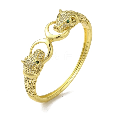 Brass Pave Clear & Green Cubic Zirconia Leopard Hinged Bangle for Women BJEW-K246-19B-G-1