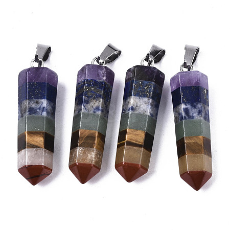 Assembled Natural Topaz Jade & Red Jasper & Red Agate & Lapis Lazuli & Quartz Crystal & Green Aventurine & Amethyst Pointed Pendants G-N0327-001A-01-1