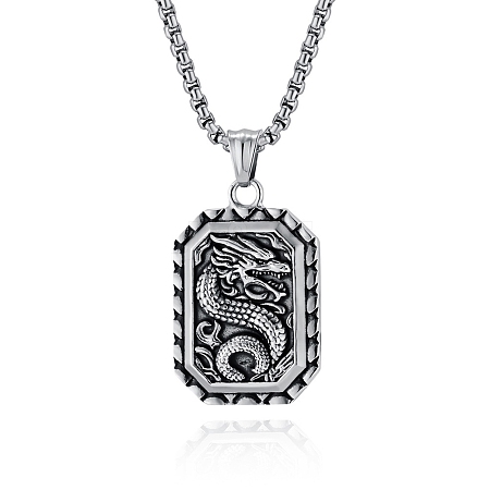 Retro Chinese Style Dragon-Shaped Titanium Steel Pendant Box Chain Necklaces PW-WGA2FFF-01-1