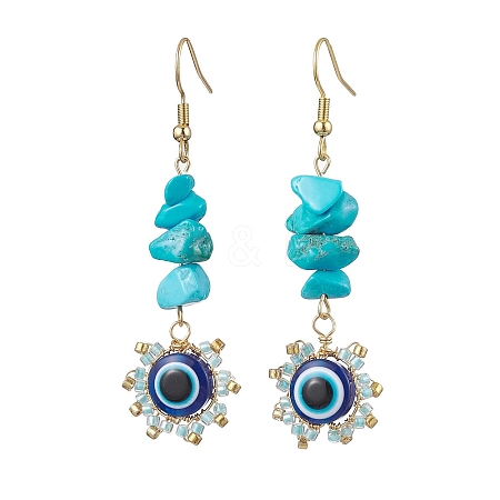 Evil Eye Synthetic Turquoise Chip & Seed Beads Dangle Earrings EJEW-MZ00166-05-1