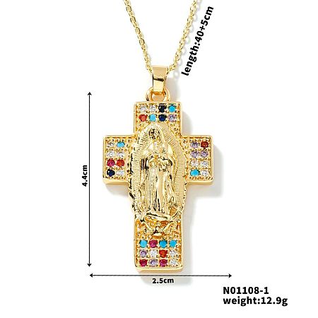 European and American Brass Pave Cubic Zirconis Virgin Mary Cross Pendant Necklaces IK3172-1-1