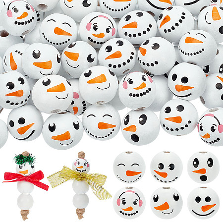 60Pcs 6 Styles Round Christmas Snowman Print Wood European Beads WOOD-PH0003-05-1