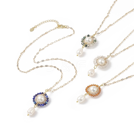 4Pcs 4 Style Natural Mixed Gemstone & Shell Pearl Flower Pendant Necklaces Set NJEW-JN04047-1