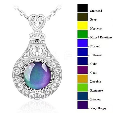 Alloy Glass Temperature Sensing Color Changing Mood Hollow Teardrop Pendant Cable Chain Necklaces for Women PW-WG81C57-01-1