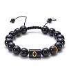 10MM Natural Black Onyx(Dyed & Heated) and Tiger Eye Alphabet Round Braided Bead Adjustable Bracelets for Women DM6424-15-1