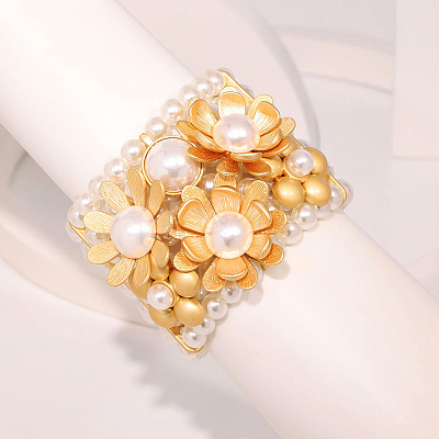 Flower Alloy & ABS Plastic Pearl Bangles for Women FS-WG764D9-01-1
