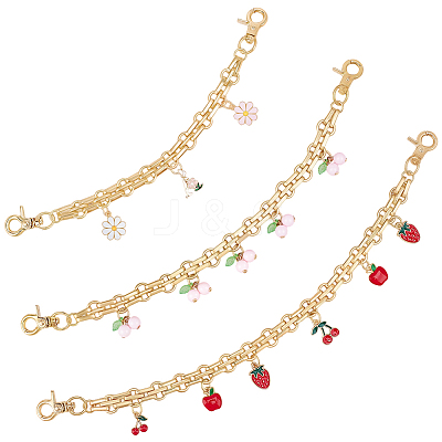 3Pcs 3 Styles Alloy Enamel Flower Cherry Apple Strawberry Charm Alloy Bag Decorative Chains AJEW-CN0006-07-1