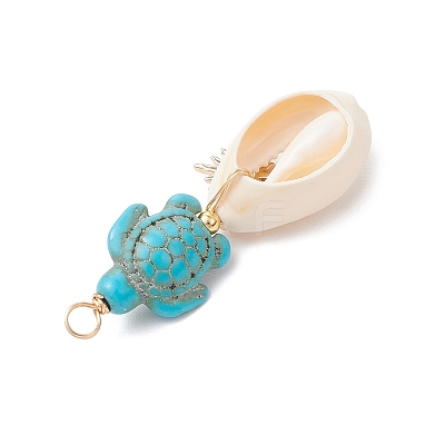 4Pcs 4 Styles Natural Cowrie Shell & Dyed Synthetic Turquoise Turtle Copper Wire Wrapped Pendants PALLOY-JF04035-01-1