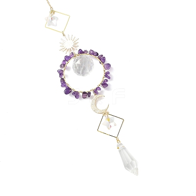 Sun Moon Ring Brass & Natural Amethyst Chip Suncatcher HJEW-JM05027-04-1