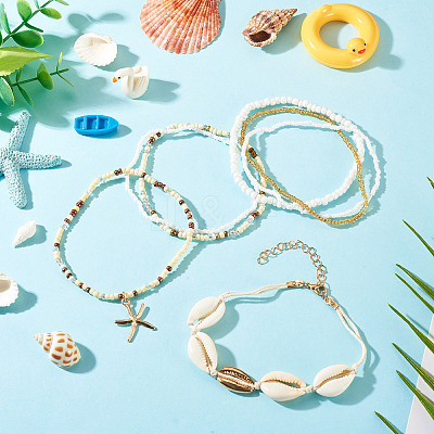 2 Bags Summer Beach Glass Seed Beaded & Natural Shell & Alloy Starfish Charm Anklet Sets AJEW-TA0003-69F-1