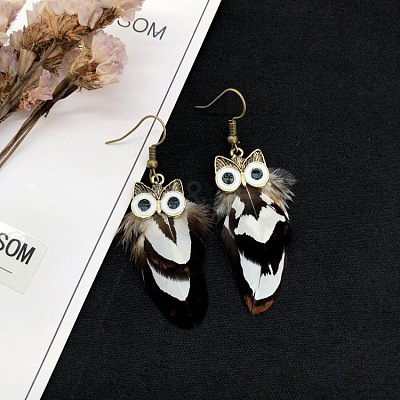 Alloy Owl with Feather Dangle Earrings ANIM-PW0003-005M-1