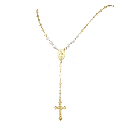 Round White Shell Pearl & Brass Rosary Bead Necklaces NJEW-JN05836-1