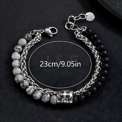 Natural Map Stone and Frosted Obsidian Round Beaded 2-Strand Bracelets with 201 Stainless Steel Wheat Chains for Men Women NT5911-1-1