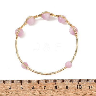 Natural Kunzite Horse Eye Herringbone Wire-Wrapped Open Cuff Bangles BJEW-JB14460-1