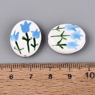 Hand Painted Tulip Flower Oval Porcelain Beads PORC-N012-11G-1