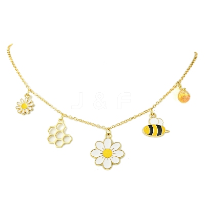 Flower & Bees & Honeycomb Alloy & Glass Pendant Necklaces X1-NJEW-TA00165-1