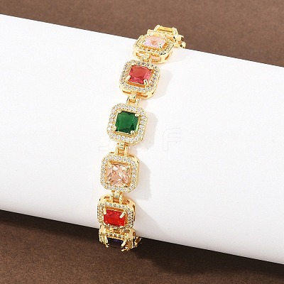 Square Brass Micro Pave Clear Cubic Zirconia and Glass Link Chain Bracelets BJEW-T025-04G-02-1