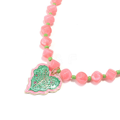 Alloy Enamel Leaf Pendant Resin Nuggets Beaded Necklaces for Women WG16F8F-01-1