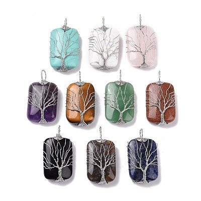 Natural & Synthetic Mixed Gemstone Copper Wire Wrapped Pendants G-H281-08P-1