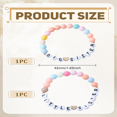 2Pcs 2 Styles Word Acrylic & Brass Heart Beaded Stretch Bracelets BJEW-LP0004-27-1