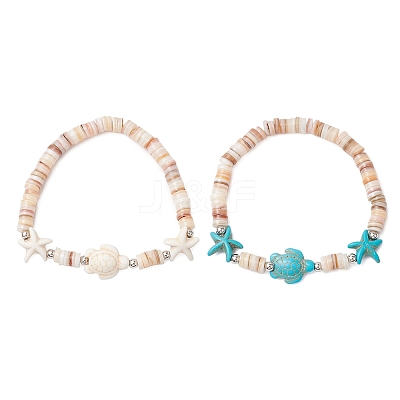 2Pcs Sea Turtles & Starfish Dyed Synthetic Turquoise Beads Stretch Bracelets BJEW-JB11881-1