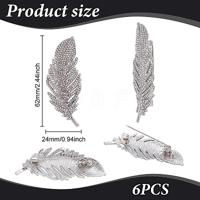 6Pcs Feather Shape Brass Rhinestone Lapel Pins for Backpack Clothes JEWB-UN0002-71A-1