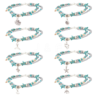 8Pcs 8 Style Synthetic Turquoise Starfish & Seed & Resin Beaded Double Layer Multi-strand Anklets Set AJEW-AN0001-03-1