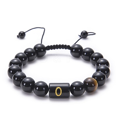 10MM Natural Black Onyx(Dyed & Heated) and Tiger Eye Alphabet Round Braided Bead Adjustable Bracelets for Women DM6424-15-1