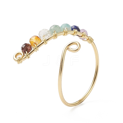 Natural Mixed Gemstone Braided Beaded Chakra Open Cuff Ring RJEW-JR00548-1