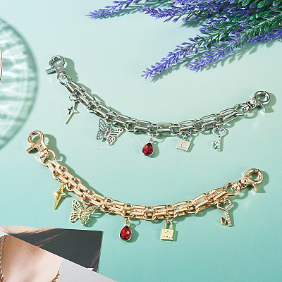 2Pcs 2 Styles Alloy & Glass Butterfly Star Key Charm Aluminum Chain Bag Decorative Chains HJEW-TAC0134-1