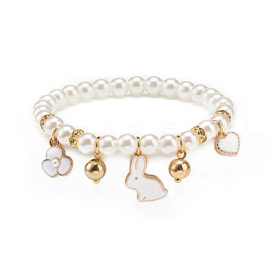 ABS Plastic Imitation Pearl Beaded Stretch Bracelet with Alloy Enamel Charms for Kids BJEW-JB08524-01-1