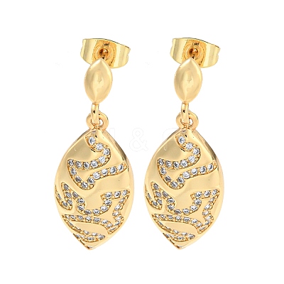 Leaf Brass Pave Clear Cubic Zirconia Dangle Stud Earrings EJEW-M258-37G-1