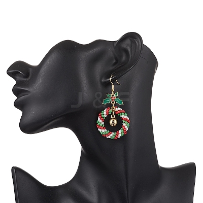 Christmas Wreath Glass Seed Beaded Dangle Earrings EJEW-TA00685-1