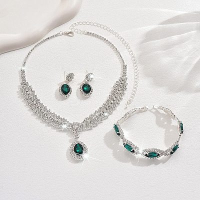 Oval & Horse Eye Brass Rhinestone Necklaces & Bracelets & Earring Sets FS-WG182CE-02-1