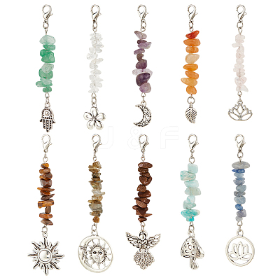 10Pcs 10 Styles Natural Gemstone Chips Pendant Decoration HJEW-MA00001-1