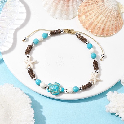 Starfish & Tortoise Synthetic Turquoise Braided Bead Anklets AJEW-AN00564-02-1