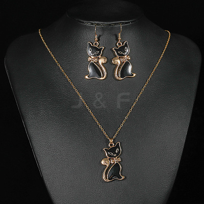 Cat Shape Zinc Alloy Enamel Pendant Necklaces & Dangle Earrings Sets FS-WG2319B-01-1
