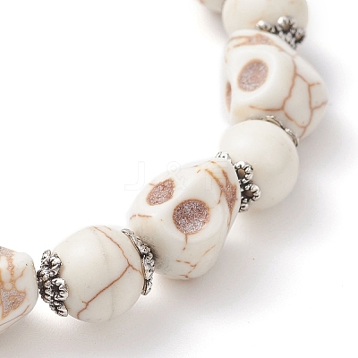 Halloween Dyed Synthetic Turquoise Skull & Round Beaded Stretch Bracelets for Men Women BJEW-JB12255-01-1